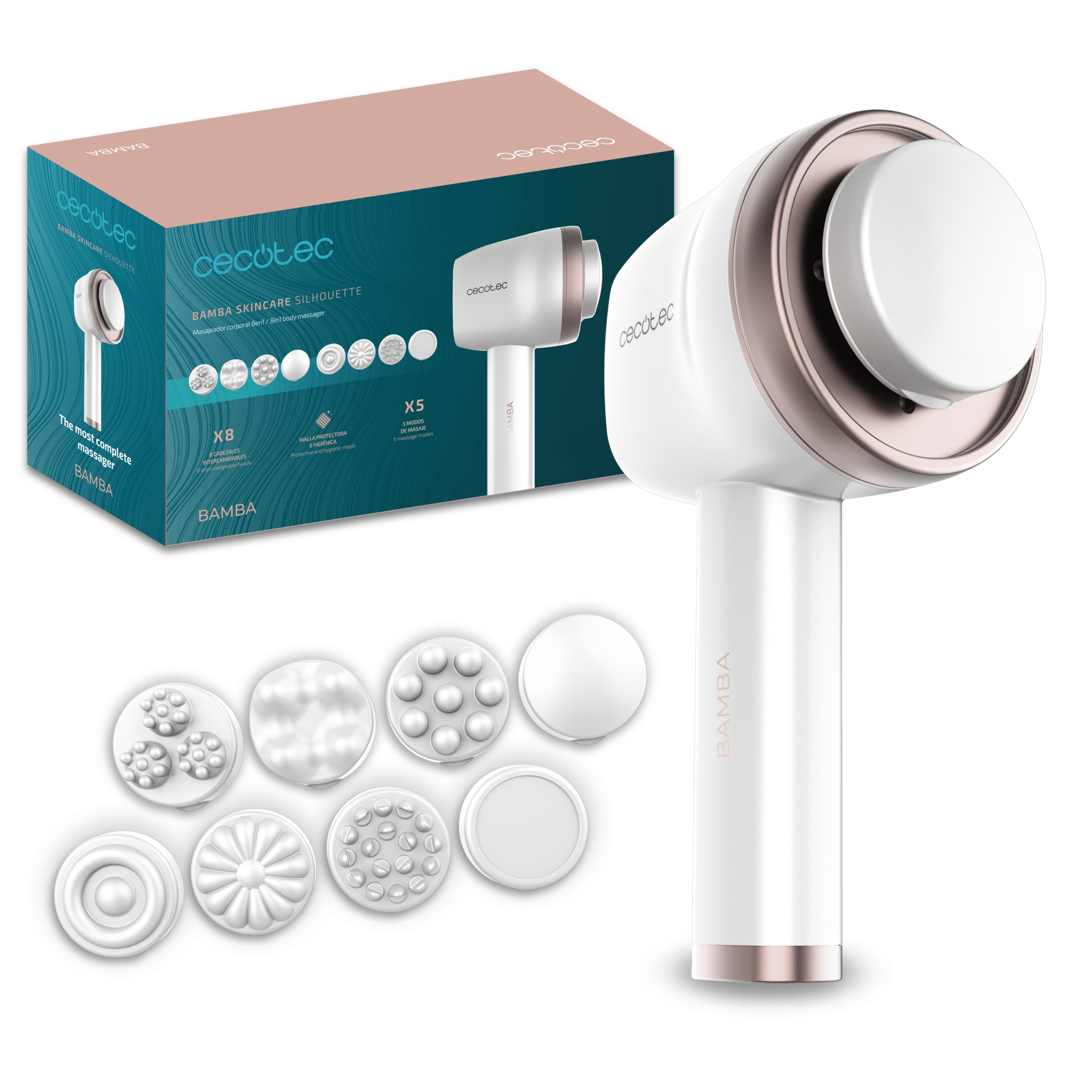Masajeador corporal anticelulítico Cecotec SkinCare con 8 cabezales intercambiables y su estuche